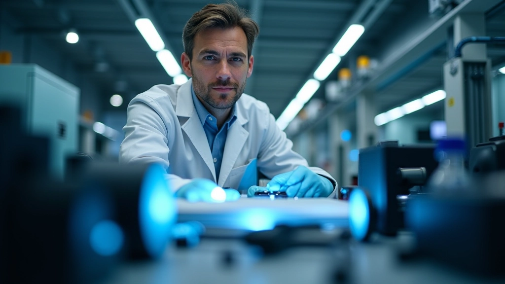Ingénieur en laboratoire de R&D automobile, travaillant sur prototype de système thermique, équipement de test de batterie, tables blanches, éclairage scientifique