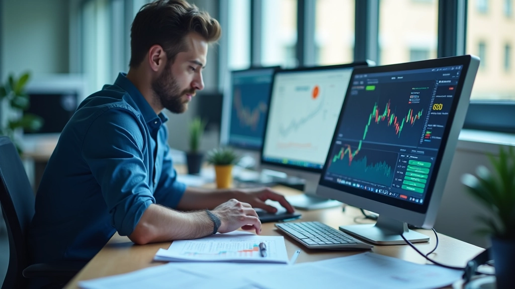 Bureau de consultant économiste avec données sur écran, rapports imprimés et ordinateur portable, espace de travail moderne