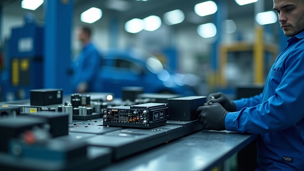 Batterie de véhicule électrique et composants d'électronique de puissance dans un atelier technique