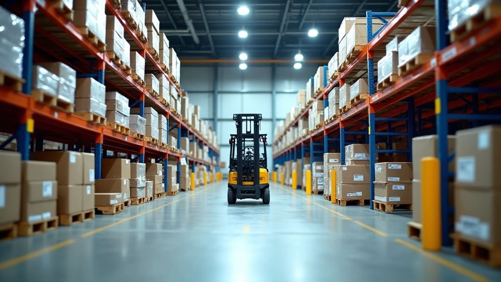 Entrepôt logistique avec colis et palettes, stockage de composants automobiles, éclairage industriel