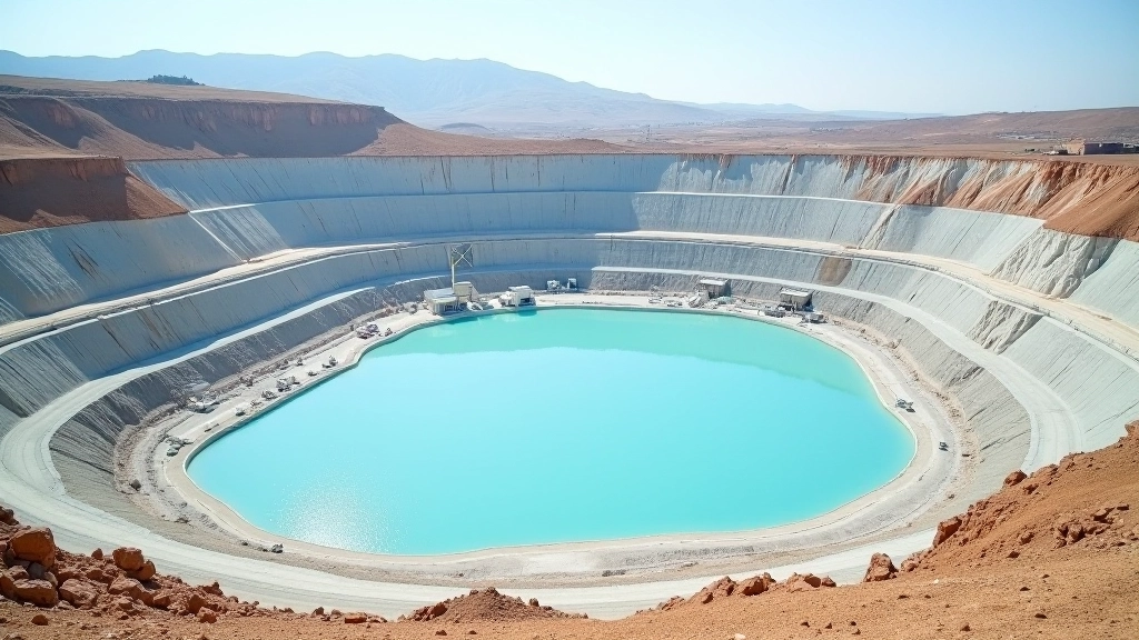 Extraction de lithium dans une mine à ciel ouvert, bassins de lixiviation, équipement minier et camions de transport en zone aride