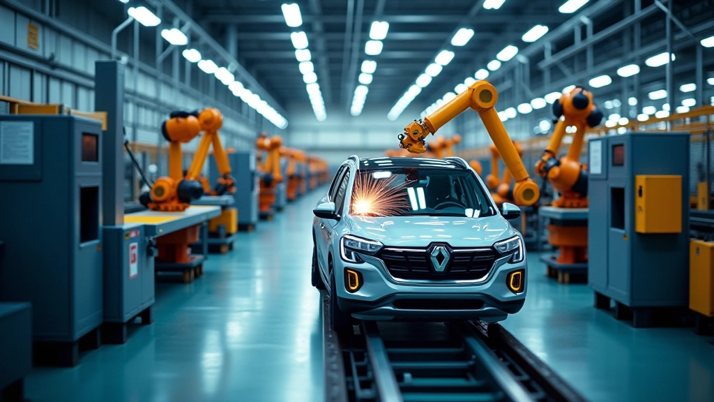 Ligne de production automobile moderne avec robots de soudage et convoyeurs, usine contemporaine bien éclairée