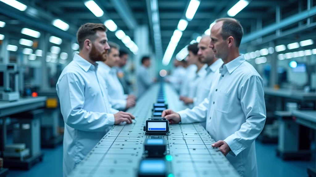 Usine moderne de production d'électronique de puissance, chaîne de montage automatisée, technologie de contrôle de qualité, ingénieurs en visite d'inspection