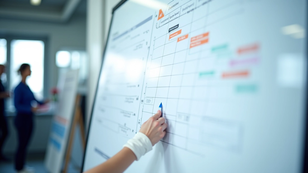 Calendrier de projet et chronogramme d'usine affiché sur tableau blanc avec marqueurs et diagrammes de Gantt