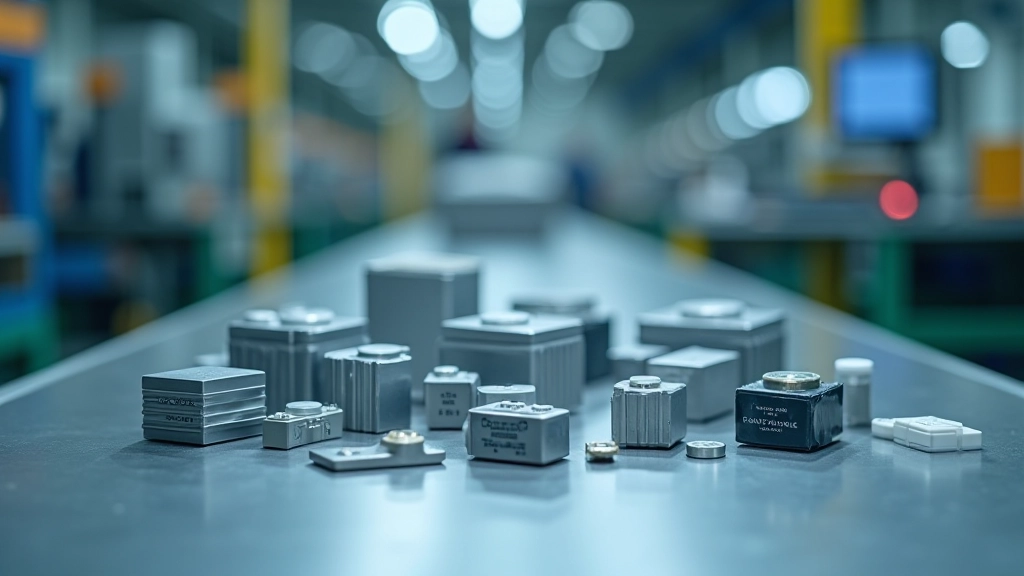 Matériaux bruts et composants pour batteries électriques, lithium et nickel, affichés sur établi industriel